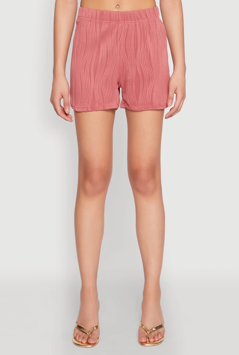Womens Plisse Knit High Waisted Shorts, L
