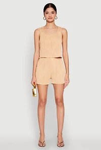 Womens Plisse Knit High Waisted Shorts, Khaki, Size L