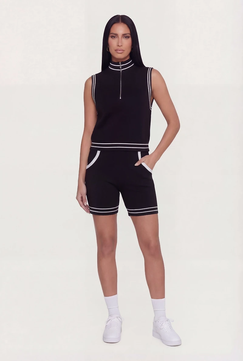 Varsity Stripe Half Zip Front Sleeveless Mock Neck Top