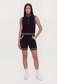 Varsity Stripe Half Zip Front Sleeveless Mock Neck Top