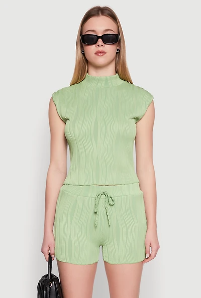 Womens Plisse Knit Mock Neck Top, Green, Size S