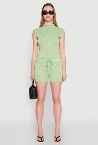 Womens Plisse Knit Mock Neck Top, Green, Size L
