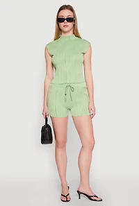 Womens Plisse Knit Mock Neck Top, Green, Size L