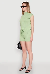 Womens Plisse Knit Mock Neck Top, Green, Size L