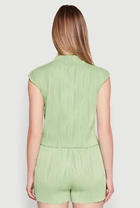 Womens Plisse Knit Mock Neck Top, Green, Size S