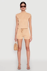 Womens Plisse Knit Mock Neck Top, Beige, Size L