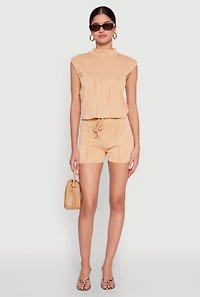 Womens Plisse Knit Mock Neck Top, Beige, Size L