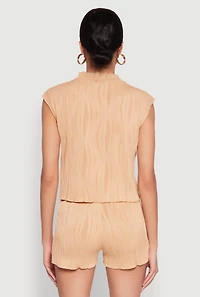 Womens Plisse Knit Mock Neck Top,