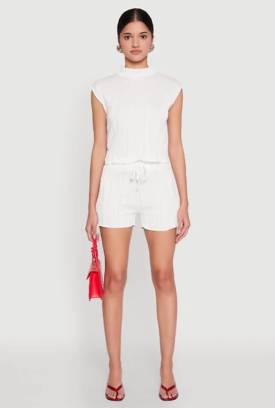 Womens Plisse High Waisted Shorts, White, Size XL