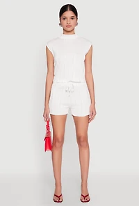 Womens Plisse High Waisted Shorts, White, Size L