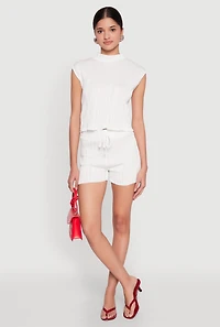 Womens Plisse High Waisted Shorts, White, Size XL