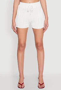 Womens Plisse High Waisted Shorts, White, Size L