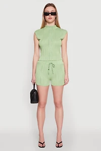 Womens Plisse High Waisted Shorts, Green, Size L