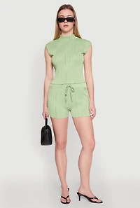 Womens Plisse High Waisted Shorts, Green, Size L