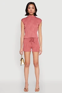 Womens Plisse High Waisted Shorts, Pink, Size L