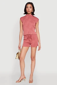 Womens Plisse High Waisted Shorts, Pink, Size L