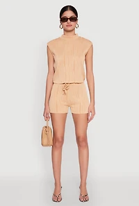 Womens Plisse High Waisted Shorts, Brown, Size L