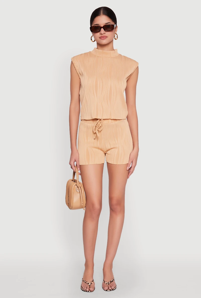 Womens Plisse High Waisted Shorts, Brown, Size L