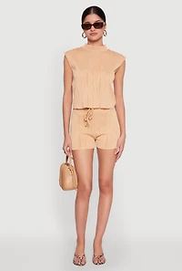 Womens Plisse High Waisted Shorts, Brown, Size L