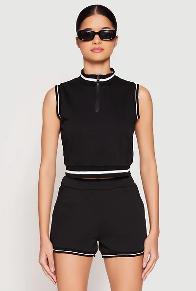 Striped Trim Sleeveless Half Zip Top