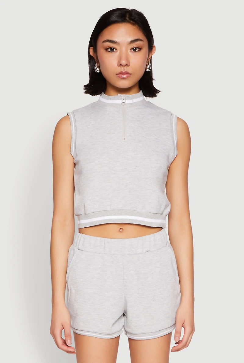 Striped Trim Sleeveless Half Zip Top