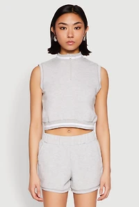 Striped Trim Sleeveless Half Zip Top