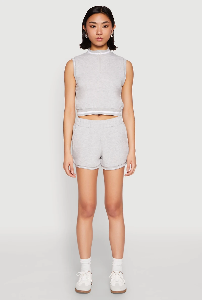 Womens Striped Trim Sleeveless Half Zip Top, Grey, Size S