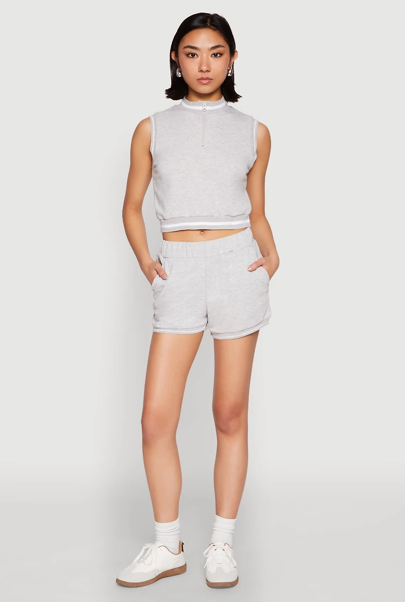 Womens Striped Trim Sleeveless Half Zip Top, Grey, Size S