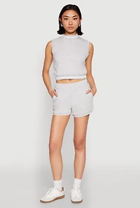 Womens Striped Trim Sleeveless Half Zip Top, Grey, Size S