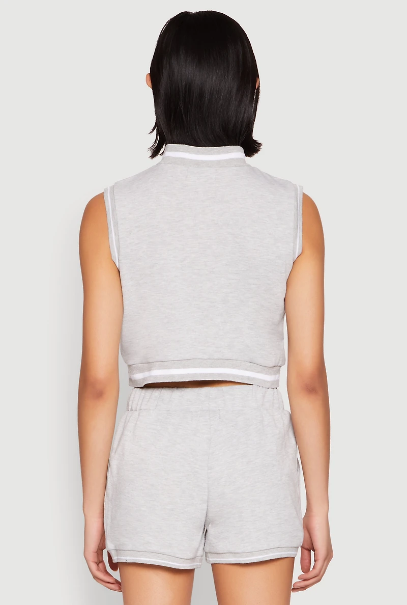 Womens Striped Trim Sleeveless Half Zip Top, Grey, Size S