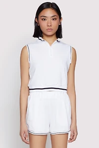 Womens Striped Trim Sleeveless Half Zip Top, White, Size L