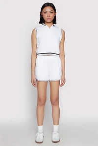 Womens Striped Trim Sleeveless Half Zip Top, White, Size L