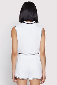 Womens Striped Trim Sleeveless Half Zip Top, White, Size M