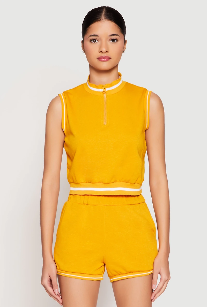 Womens Striped Trim Sleeveless Half Zip Top, Yellow, Size M