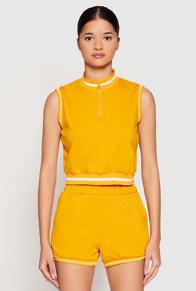 Womens Striped Trim Sleeveless Half Zip Top, Yellow, Size M