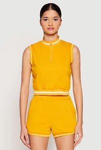 Womens Striped Trim Sleeveless Half Zip Top, Yellow, Size M