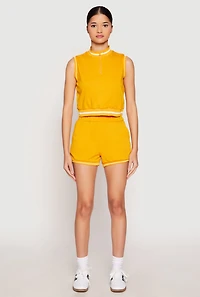 Womens Striped Trim Sleeveless Half Zip Top, Yellow, Size M