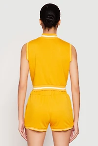 Womens Striped Trim Sleeveless Half Zip Top, Yellow, Size M