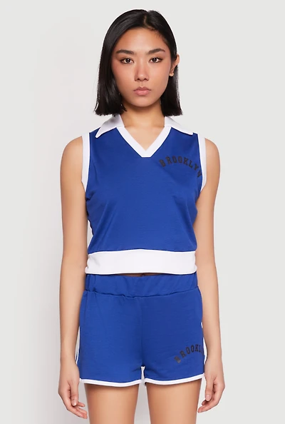 Womens Brooklyn Sleeveless Johnny Collar Top,