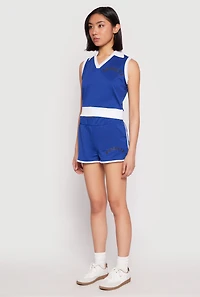 Womens Brooklyn Sleeveless Johnny Collar Top, Blue, Size S
