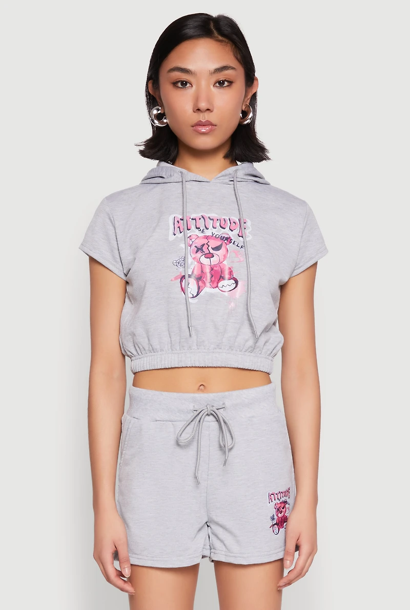 Womens French Terry Bear Graphic Cropped Hoodie, Grey, Size M