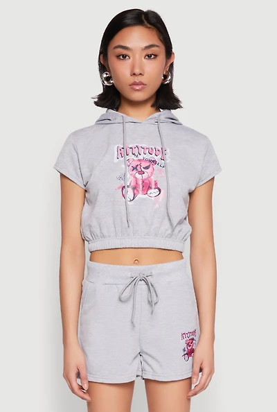 Womens French Terry Bear Graphic Cropped Hoodie, Grey, Size M