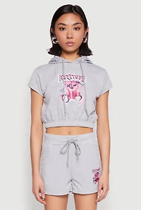 Womens French Terry Bear Graphic Cropped Hoodie, Grey, Size M