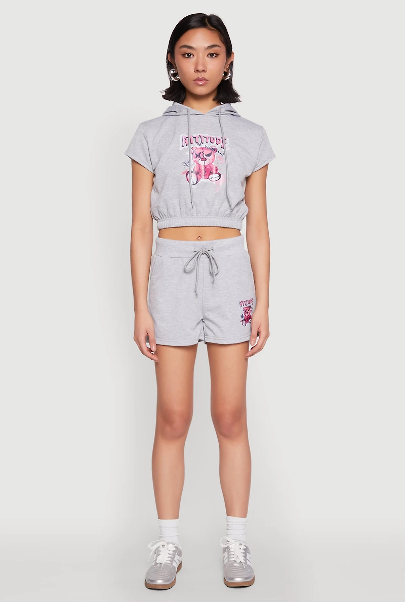 Womens French Terry Bear Graphic Cropped Hoodie, Grey, Size M