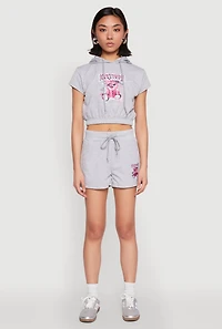 Womens French Terry Bear Graphic Cropped Hoodie, Grey, Size M