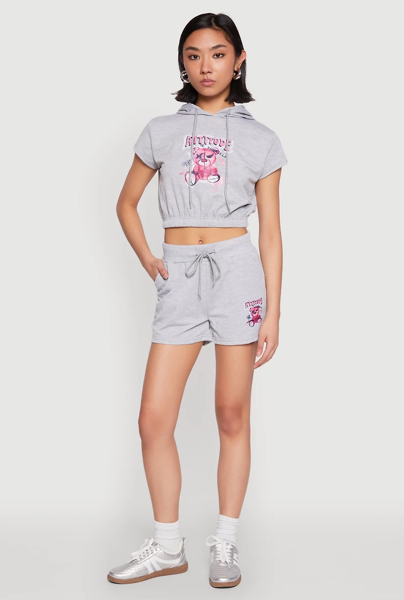Womens French Terry Bear Graphic Cropped Hoodie, Grey, Size M