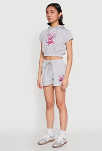 Womens French Terry Bear Graphic Cropped Hoodie, Grey, Size M