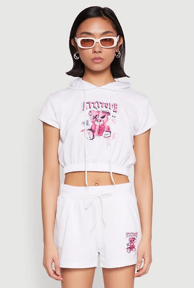French Terry Bear Graphic Cropped Hoodie