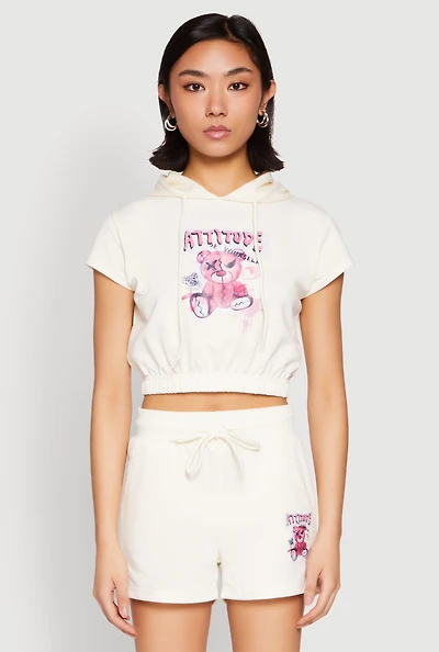 Womens French Terry Bear Graphic Cropped Hoodie, Beige, Size M