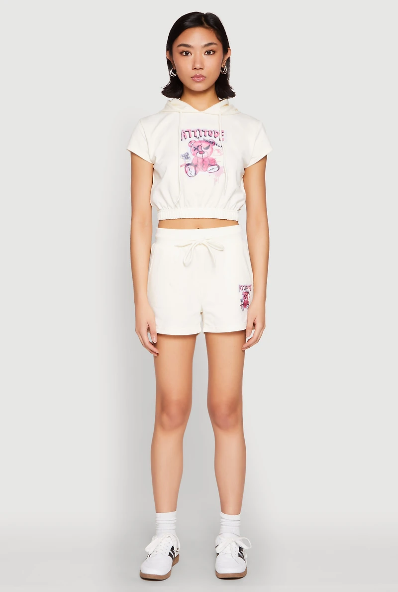 Womens French Terry Bear Graphic Cropped Hoodie,